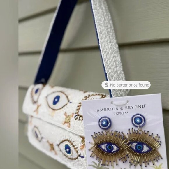 America & Beyond White Evil Eye Beaded Shoulder Bag & Earrings NWT - Picture 2 of 9